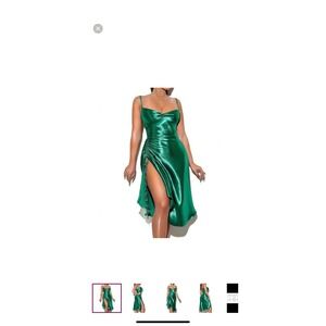 Miss Circle Satin Midi Dress Womens XL Green Excellent Ruched Slit Cowl Neck